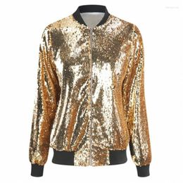 Women's Jackets Jacket All Sequined Bomber Zipper Long Sleeve V-neck Outerwear Gold Black Casual Baseball Coats Female