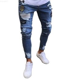 Men's Jeans for Men Distressed Ripped Mens Streetwear Hip Hop Appliques Pencil Pants Plus Size Full Lenght Denim Pant Male Trousers 210318 L230726