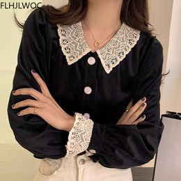 Womens Blouses Shirts Korea Design Chic Tops Women Fashion Patchwork Hollow Out White Lace Single Breasted Button Black 230726