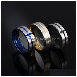 Band Rings Stainless Steel Groove Cross Blue Black Gold Finger Ring Women Men Fashion Jewellery Will And Sandy Drop Delivery Dh80V