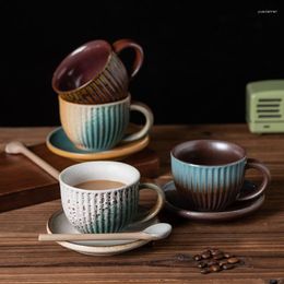 Cups Saucers Rough Pottery Vintage COffee Cup Dish Set Creative Japanese Style Ceramic Stripe Mug Simple Afternoon Tea Latte Spoon Water