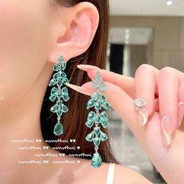 Dangle Earrings Exaggerated Leaf Tassel Long For Women Shiny Green CZ Crystal 925 Color Dangler Female Cocktail Party Fine Jewelry