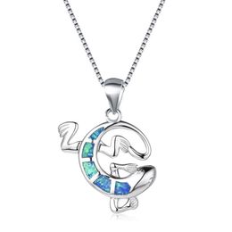 Fine Jewellery High Quality Blue Opal Gecko Pendant Pure In Solid 925 Sterling Silver necklace For Gift2952