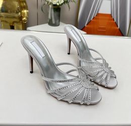 Designer AQUAZZURA Sandals Crystal Open Toe Pointed Hot Diamond Hollow Muller Shoes Women's Thin High Heels Comfortable Fashion Women's Slippers EU35-42 with Box