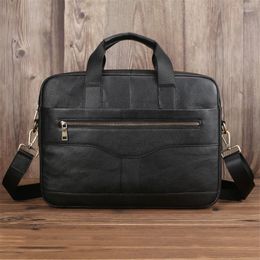 Briefcases Nesitu A4 Brown Black Genuine Leather 14'' Laptop Executive Men Briefcase Shoulder Messenger Bags Portfolio Handbag M005