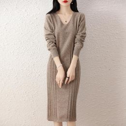 Women's Sweaters M-XXL Merino Wool Dress Sweater Fashion Elegant Solid Color Knitted Long V-neck Pure Pullover