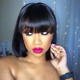 Ishow Short Bob Wigs Loose Body Afro Kinky Curly Peruvian None Lace Wig Straight Human Hair Wigs with Bangs for Women All Ages Nat263F