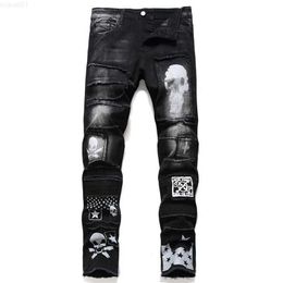 Men's Men'S Pants Streetwear Fashion Trousers Jeans Skull Black Denim Biker High Quality Male Casual Designer Ripped Comfortable 220408 L230726