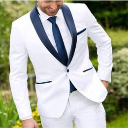 2018 One Button White Man Wedding Groom Mens Tuxedos suits Navy Blue Shawl Lapel Custom Made Business Slim Fit Mans Suit276r