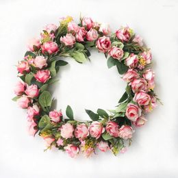 Decorative Flowers Christmas Wreath Fake Artificial Pink Rose Garland For Door Decor Wedding Home