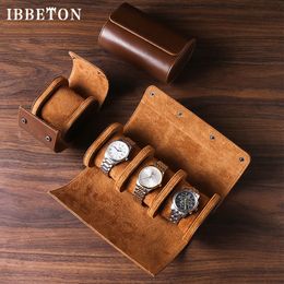 Watch Boxes Cases IBBETON 3 Slot Roll Travel Case Portable Vintage Leather Display Storage Box Organisers of Men Gift 230725