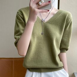 Women's Sweaters Spring And Summer Pure Wool V-neck Knitted Short-sleeved Thin T-shirt Half-sleeved Sweater Colour Versatile