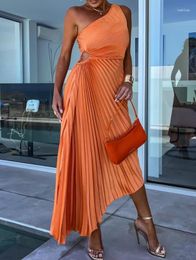 Casual Dresses Sexy One Shoulder Pleated Party Dress For Ladies 2023 Women's Clothing Fashion Summer Hollow-Out Asymmetrical Female