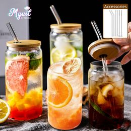Wine Glasses Drinking with Bamboo Lids and Glass Straw 4pcs Set 16oz Can Shaped Cups Beer Iced Coffee Tumbler Cup 230725