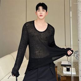 Men's T Shirts SYUHGFA Summer Thin Male Long Sleeve T-shirts Korean Style Versatile Knitted Bottom Top Solid Colour Casual Hollow Out Tee