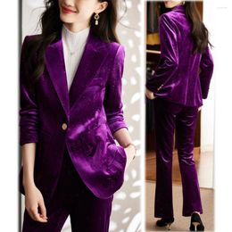 Women's Two Piece Pants High Quality Bright Silk Shiny Velvet Autumn Winter Blazer Women' Business Suits With Sets Work Wear Office Uniform