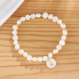 Charm Bracelets 5mm Nature Fresh Water Pearl Bracelet A-Z Initial Letter Shell Pendant Elastic Chain For Woman Fashion Jewellery