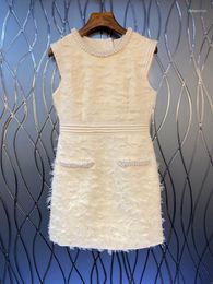 Casual Dresses 2023 Women's Fashion Sleeveless Round Neck Neckline Symmetrical Pocket Bead Trimmed Jacquard Vest Dress 0615
