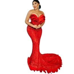 Sweetheart Red Furs Mermaid Prom Dresses Arabic Aso Ebi Lace Appliqued Ruched Sequins Evening Formal Occasion Gowns Plus Size Sexy Reception Party Dress