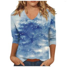 Women's T Shirts Women 3/4 Sleeve Blouses Tops Tee Casual V Neck T-Shirt Plus Size Basic Tie-Dye Printing Loose Tshirt Clothing