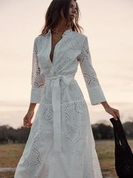 Swimwear 2023 Summer New Women's Casual Fashion Allmatch White Longsleeved Lapel with Bow Belt Embroidered Midi Dress