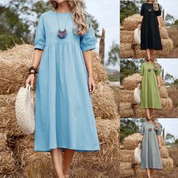 Casual Dresses Women Solid Colour Loose Waist MIDI Skirt Cotton Linen Round Neck Dress