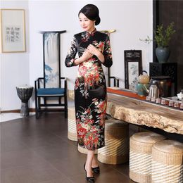 Shanghai Storey Long Qipao Floral Cheongsam Chinese Traditional Dress Long Sleeve Faux Silk long Chinese Dress274M