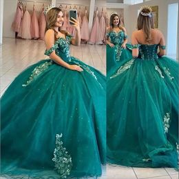 Gröna klänningar mörk bollklänning älskling från axel spetsar applikationer kristallpärlor blommor korsett bakklänning söt vestido de anos quinceanera