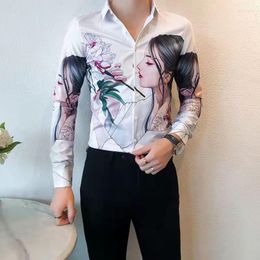 Men's Casual Shirts 2023Spring Fashion Man Vintage Beauty Girl Printed Social Black Luxury Mens White Slim Fit Long Sleeve Dress Shirt