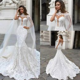 2019 Gorgeous Lace Mermaid Wedding Dresses With Cowl Back Caped Sheer Mesh Top Applique Plus Size Bridal Wedding Gowns Vestidos De269f