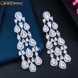 Stud CWWZircons Trendy Clear White Water Drop Cubic Zirconia Women Long Tassel Brazil Style Party Earring Brincos Bijoux Gift CZ816 230725