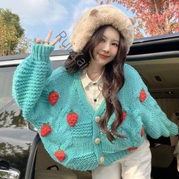 Women's Knits Tees Fall Fashion Long Sleeve Korean Tops Chic Female Preppy Style Y2K Sweater Women Harajuku Strawberry Loose Cardigan 230725