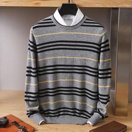 Men's Sweaters Autumn And Winter Pure Wool Sweater Men Round Neck Knitting Casual Stripe Contrast Colour Loose Long-Sleeved Fashion Top