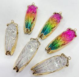 Pendant Necklaces Lots/6pcs Natural Gem Stone Quartz Crystal Golden Edging Carved Cicada For Diy Jewellery Making Necklace Accessories