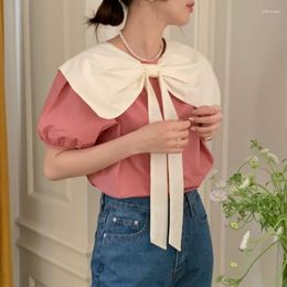 Women's Blouses Fashion Doll Neck Bow Top Bubble Short Sleeve Shirt Blusas Mujer Vintage Blouse Femme Pink Camisa Black Feminina Chic