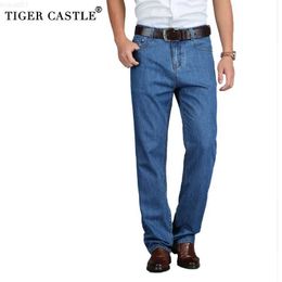 Men's TIGER CASTLE Cotton Summer Men Classic Blue Straight Long Denim Pants Middle-aged Male Quality Lightweight Jeans 210318 L230726