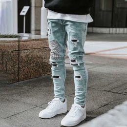 Men's Jeans Teared casual pants fashion tight beggar patch blue ultra-thin pencil denim Trousers men's street clothes jeans P230522 L230726