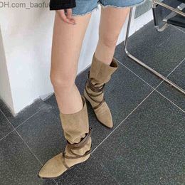 Boots Women Boots 2022 Autumn New Mid Calf Female Flock Pointed Toe Square Heels Shoes Ladies Solid Lace Up Fashion Pleated Long Boot 0709 Z230726