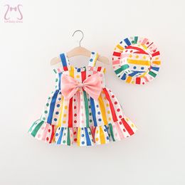 Girl's Dresses 2PcsSet Colorful Baby Girl Birthday Party Princess Evening Dress Polka Dot Bow Knot Children Clothes 0 to 3 Years Kids Hat 230725