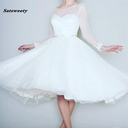 1905's Vintage White Long Sleeve Short Wedding Dress Women Bridal Dresses Tea Length Retro Dotted Wedding Gown Spring New345C