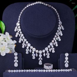 Necklace Earrings Set Luxury Dangle Drop Dubai Cubic Zircon Bracelet And Rings Bridal Jewelry Women Wedding Dress Accessories