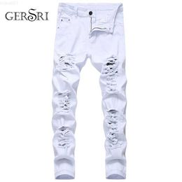 Men's Straight Hole Destruction Trousers Distressed Jeans Men Denim Fashion Designer Brand White Pants Male Large Size 220408 L230726