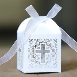 Gift Wrap 50/100pcs Lace Cross Candy Box Easter Favor Gift Packaging Box With Ribbon Birthday Baptism Wedding Communion Christening Decor 230725