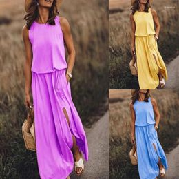 Casual Dresses 2023 Spring Summer Women's Crewneck Sleeveless Slit Solid Color Leisure Commuting Pastoral Long Skirt Clothing Dress S-4XL