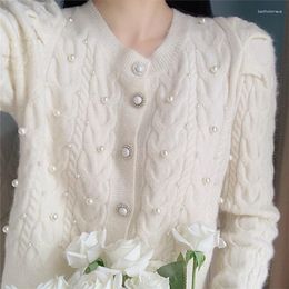 Women's Knits Women Cardigan Autumn And Winter Pearl Single-Breasted Button Cable-Knit Sweater Knitted White
