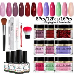 Nail Glitter MEET ACROSS 8Pcs/12Pcs/16Pcs Dipping System Nail Kit Dipping Nail Powder With Base Activator Liquid Gel Nail Color Natural Dry 230726