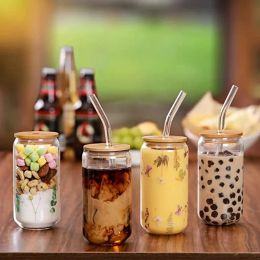 Wine Glasses Glass Cup With Bamboo Lid and Straw Bubble Tea Cup Glasses Cups Transparent Beer Can Coffee Cup Cold Wine Cola 320ml480ml LL