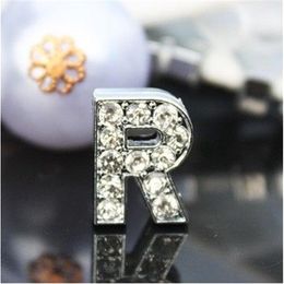 50PCS lot 10mm R Full Rhinestones Bling Slide Letter DIY Accessories Fit For 10MM Leather Bracelet Pet Collar Keychains SL015301q