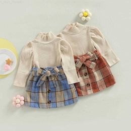 Clothing Sets Clothing Sets 0-4Y Kids Girls Autumn Winter Clothes Set Baby Puff Long Sleeve High Neck Knitted Tops Plaid Skirt With Belt Children Outfits Z230726