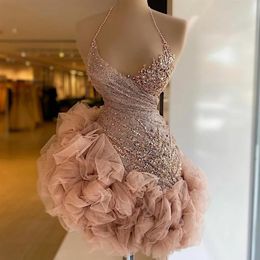 Staubige rosa Rüschen kurze Cocktailkleider Mini-Abschlussballkleid mit Perlen verziert, Neckholder, Spitze, Pailletten, Party-Roben, Vestido de Novia247Z